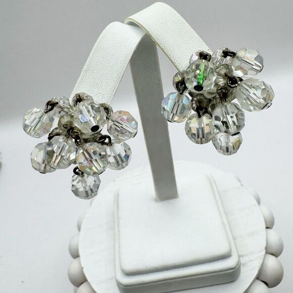 Vintage MCM Aurora Borealis AB Faceted Crytal Cluster Cha Cha Clip On Earrings - Picture 8 of 14